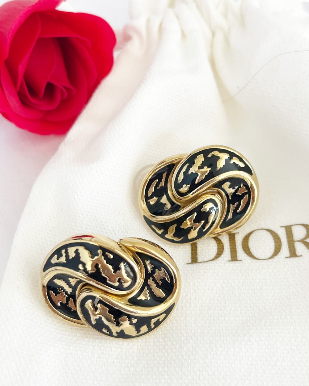 DIOR Knot Tiger Enamel Gold Plated Clip On Earrings Vintage Dior Jewelry